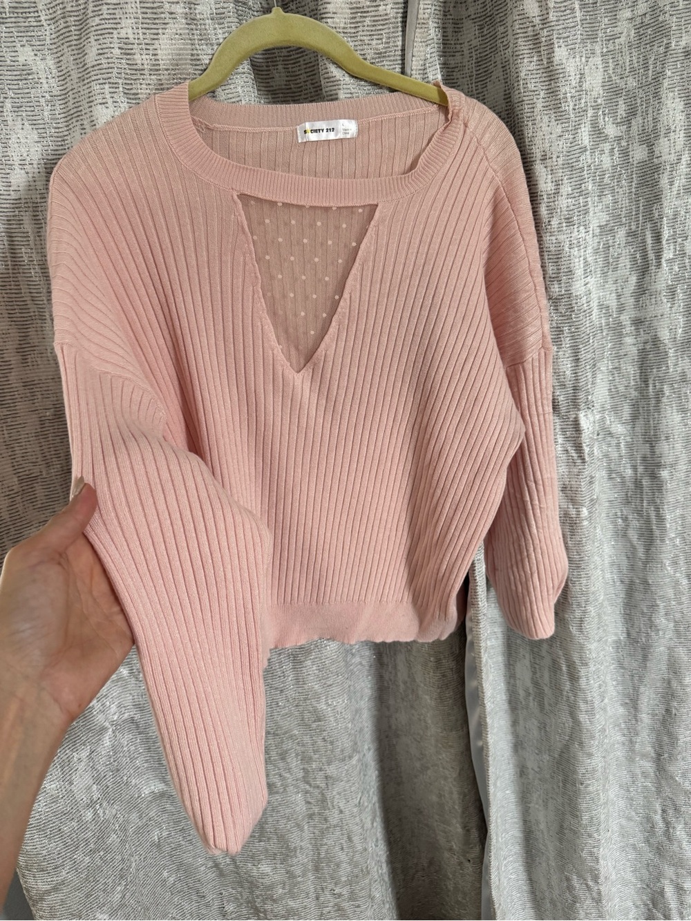 Light Pink Ribbed V-Neck Sweater with Lace Inset